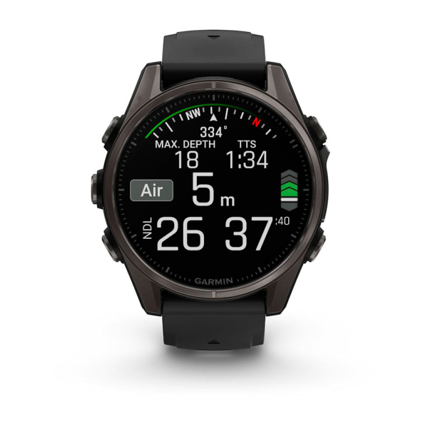 Garmin Fenix 8, 43мм, Amoled Sapphire Carbon Gray DLC Titanium with Black/Pebble Gray Silicone