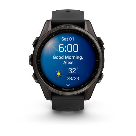 Garmin Fenix 8, 43мм, Amoled Sapphire Carbon Gray DLC Titanium with Black/Pebble Gray Silicone