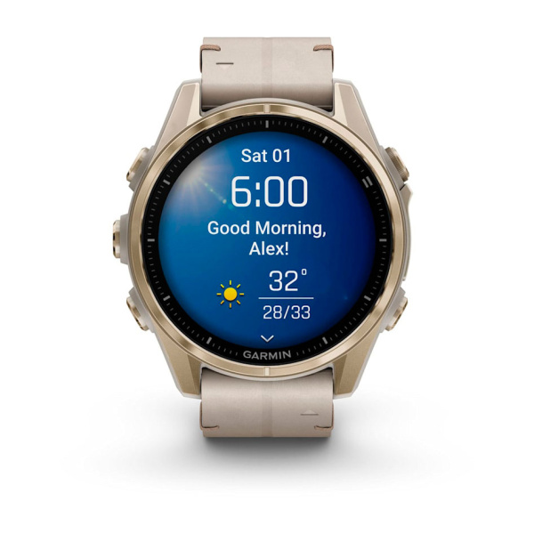 Garmin Fenix 8, 43мм, Amoled, Sapphire Soft Gold Stainless Steel Fog Gray Leather Band+Fog Gray/Dark Sandstone