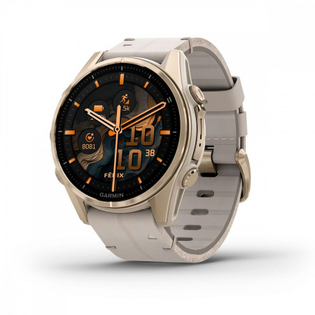 Garmin Fenix 8, 43мм, Amoled, Sapphire Soft Gold Stainless Steel Fog Gray Leather Band+Fog Gray/Dark Sandstone